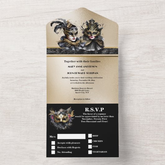 Zwart goud maskerade gezichtsmasker bruiloft elega all in one uitnodiging (Binnen)