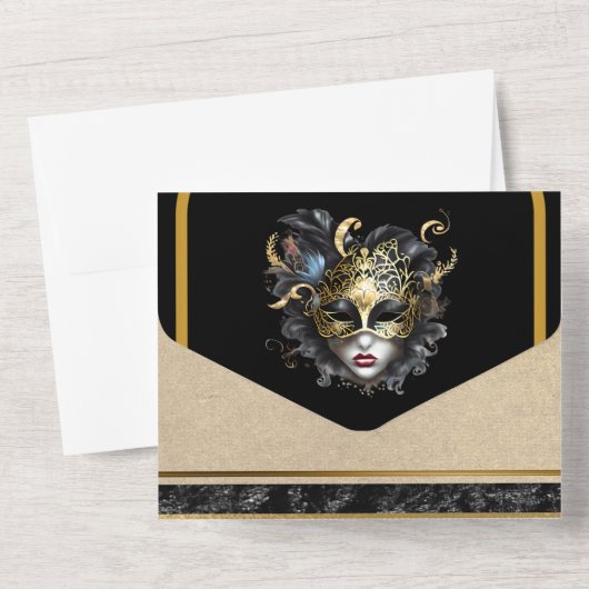 Zwart goud maskerade gezichtsmasker bruiloft elega all in one uitnodiging (Achterkant)