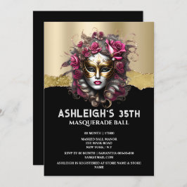 Zwart goud maskerade roze rose masker elegante mei kaart