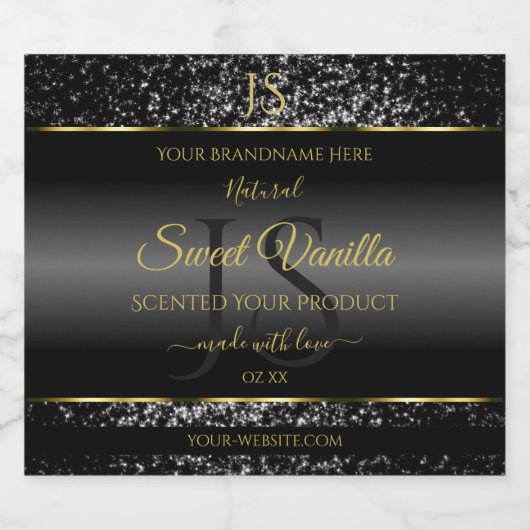 Zwart Goud met Glitter Initialen Productlabels Likeurfles Etiket (Enkel label)