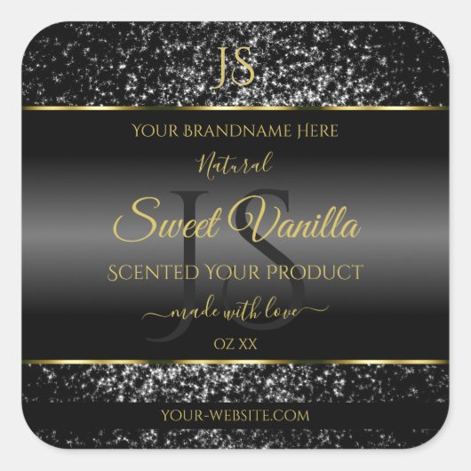Zwart Goud met Glitter Initialen Productlabels Vierkante Sticker (Voorkant)