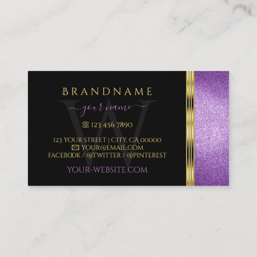 Zwart goud met Paarse Glitter Ornamental Monogram Visitekaartje (Achterkant)