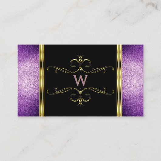 Zwart goud met Paarse Glitter Ornamental Monogram Visitekaartje (Voorkant)