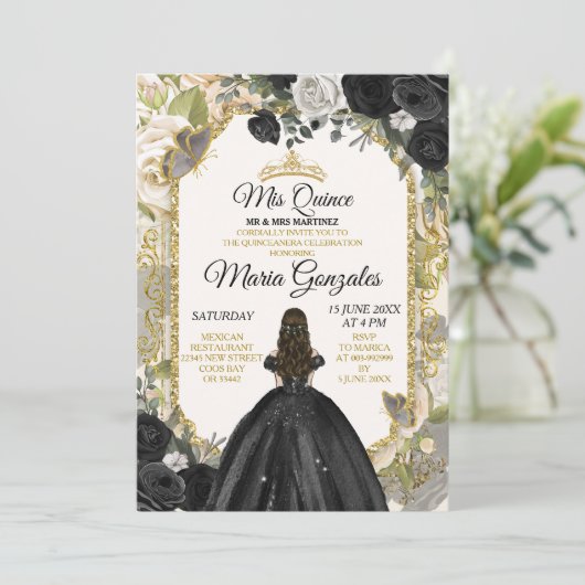 Zwart & Goud Mexicaanse Charra Mis XV Anos Vlinder Kaart (Staand voorkant)