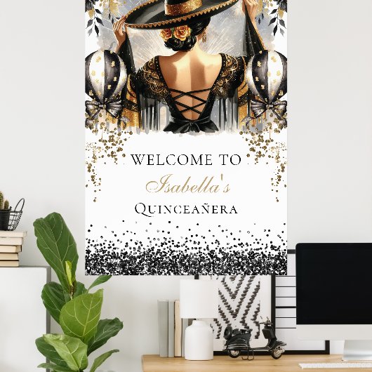 Zwart Goud Mexicaanse Quinceañera Custom Welkom Poster (Thuiskantoor)