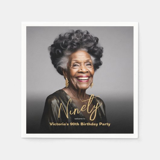 Zwart Goud Minimal Moderne Foto 90e Verjaardag Servet (Voorkant)