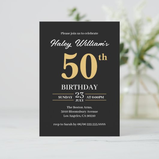 Zwart Goud Minimalist Modern Simple 50th Birthday Kaart (Staand voorkant)