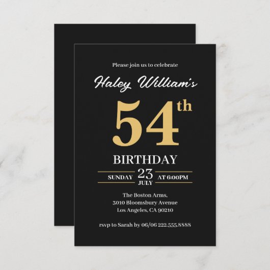 Zwart Goud Minimalist Modern Simple 54th Birthday Kaart (Voorkant / Achterkant)