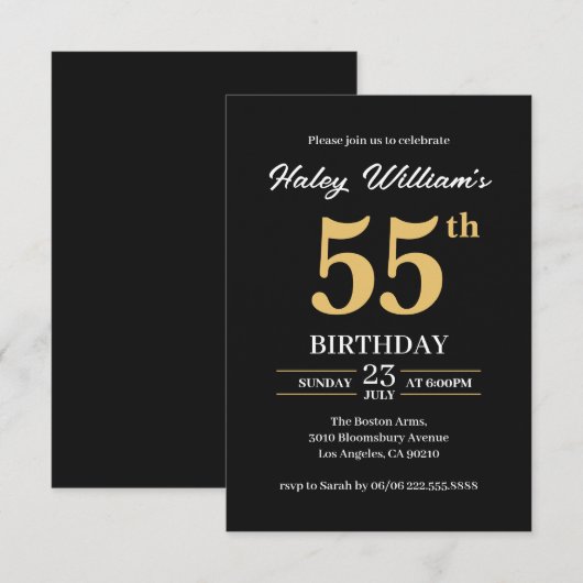 Zwart Goud Minimalist Modern Simple 55th Birthday Kaart (Voorkant / Achterkant)