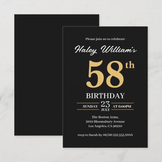 Zwart Goud Minimalist Modern Simple 58th Birthday Kaart (Voorkant / Achterkant)