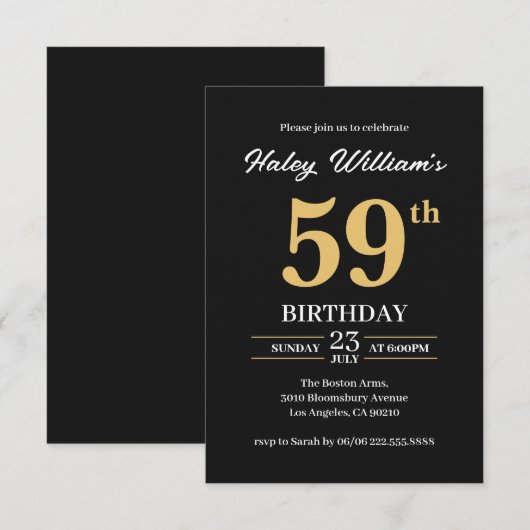 Zwart Goud Minimalist Modern Simple 59th Birthday Kaart (Voorkant / Achterkant)