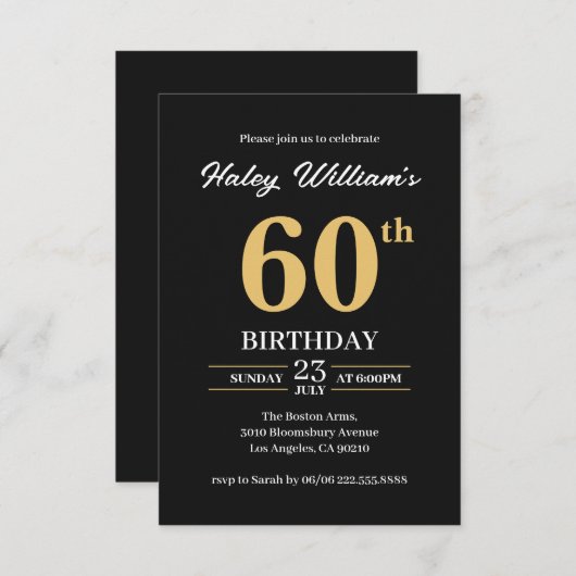 Zwart Goud Minimalist Modern Simple 60th Birthday Kaart (Voorkant / Achterkant)