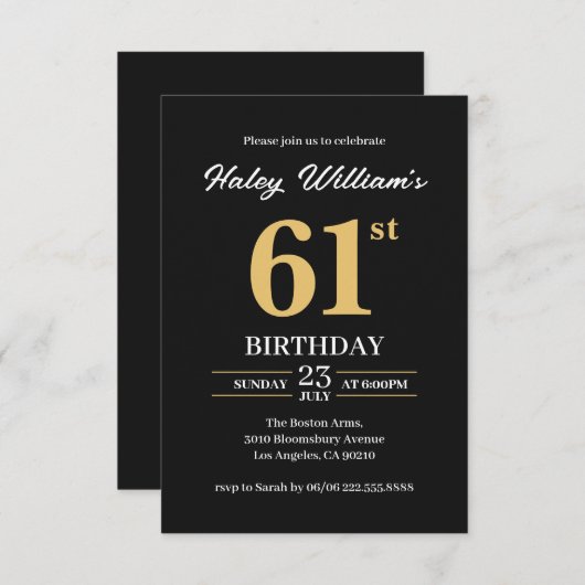 Zwart Goud Minimalist Modern Simple 61st Birthday Kaart (Voorkant / Achterkant)