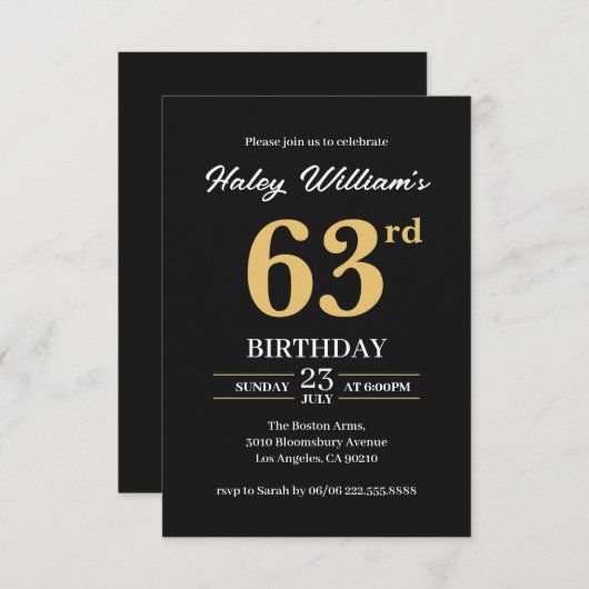 Zwart Goud Minimalist Modern Simple 63rd Birthday Kaart (Voorkant / Achterkant)