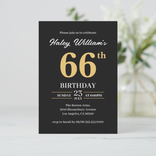 Zwart Goud Minimalist Modern Simple 66th Birthday Kaart (Staand voorkant)