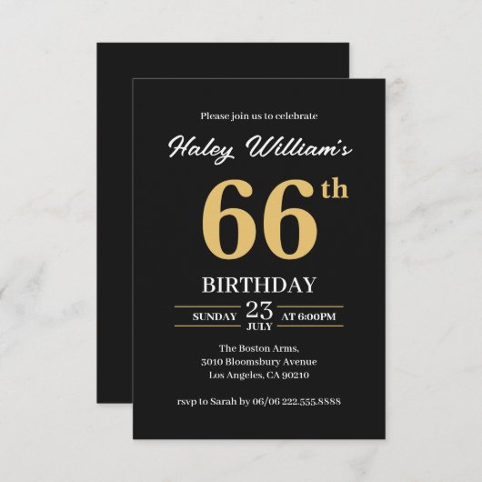 Zwart Goud Minimalist Modern Simple 66th Birthday Kaart (Voorkant / Achterkant)