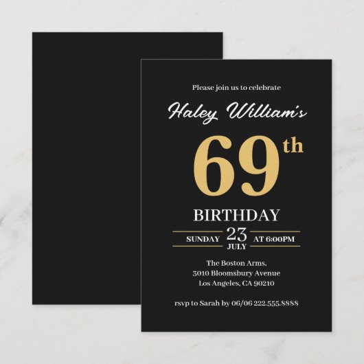 Zwart Goud Minimalist Modern Simple 69th Birthday Kaart (Voorkant / Achterkant)