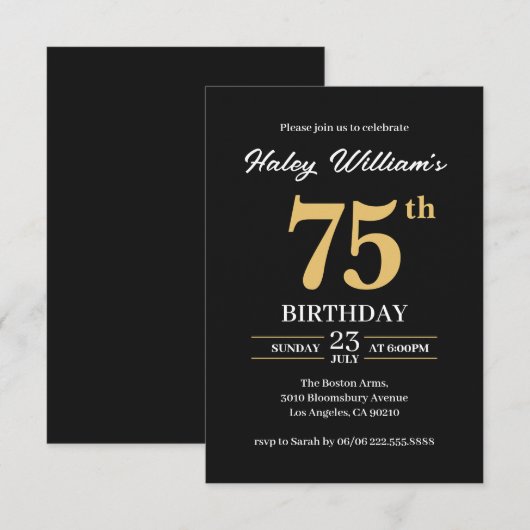 Zwart Goud Minimalist Modern Simple 75th Birthday Kaart (Voorkant / Achterkant)