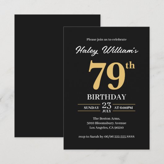 Zwart Goud Minimalist Modern Simple 79th Birthday Kaart (Voorkant / Achterkant)