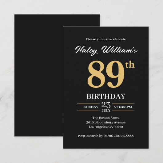 Zwart Goud Minimalist Modern Simple 89th Birthday Kaart (Voorkant / Achterkant)