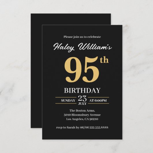 Zwart Goud Minimalist Modern Simple 95th Birthday Kaart (Voorkant / Achterkant)