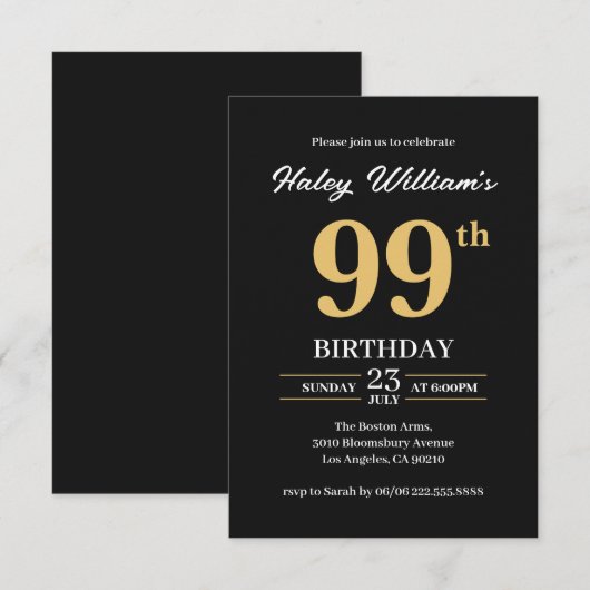Zwart Goud Minimalist Modern Simple 99th Birthday Kaart (Voorkant / Achterkant)