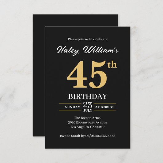 Zwart Goud Minimalistisch Modern Eenvoudig 45ste V Kaart (Voorkant / Achterkant)