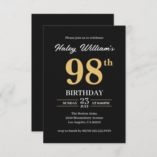 Zwart Goud Minimalistisch Modern Eenvoudig 98ste V Kaart (Voorkant / Achterkant)