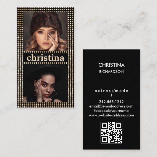 Zwart Goud Model Actrice QR Code 2 Fotocollage Visitekaartje (Voorkant / Achterkant)