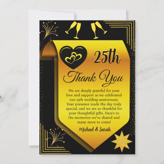 Zwart Goud Modern 25e bruiloft Jubileum Party Bedankkaart (Voorkant)