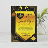 Zwart Goud Modern 25e bruiloft Jubileum Party Bedankkaart (Staand voorkant)