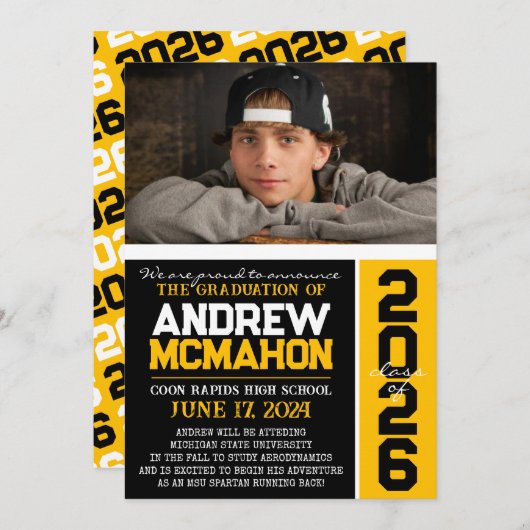 Zwart & Goud Modern Afstuderen Fotoaankondiging Kaart (Voorkant / Achterkant)
