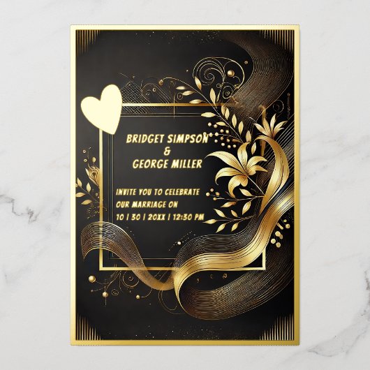  Zwart Goud Modern Art Deco Huwelijk echt Folie Uitnodiging (Voorkant)