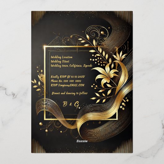  Zwart Goud Modern Art Deco Huwelijk echt Folie Uitnodiging (Achterkant)