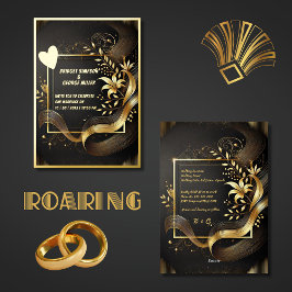  Zwart Goud Modern Art Deco Huwelijk echt Folie Uitnodiging