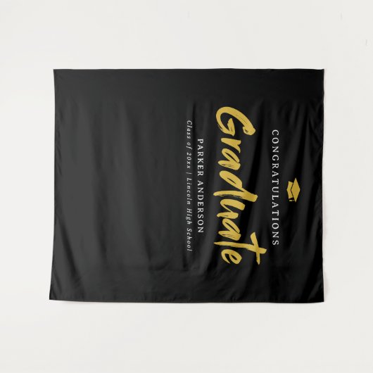 Zwart & Goud Modern Brush Script Afstudeerfeest Wandkleed (Voorkant (horizontaal))