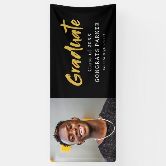 Zwart & Goud Modern Brush Script Foto Afstuderen Spandoek (Verticaal)