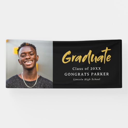 Zwart & Goud Modern Brush Script Foto Afstuderen Spandoek (Horizontaal)