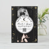 Zwart & Goud Modern Celestial Maan Save the Date (Staand voorkant)