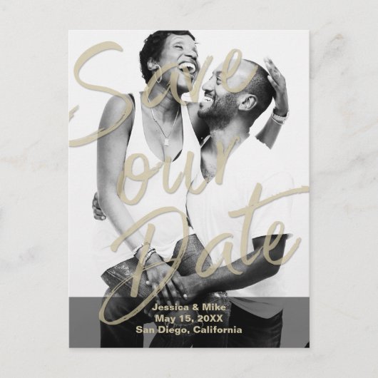 Zwart Goud Modern Fotoscript Save Our Date Aankondigingskaart (Voorkant)