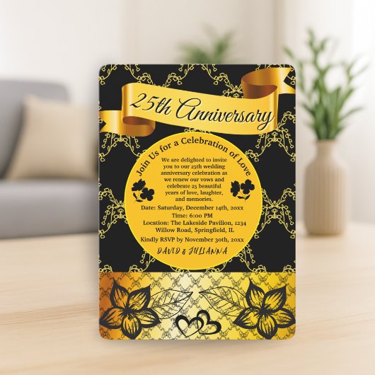 Zwart & Goud Modern Hart 25e bruiloft Jubileum Kaart
