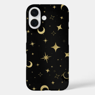 Zwart & Goud Modern Hemellicke Maan Sterren iPhone 16 Hoesje