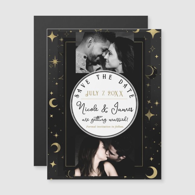 Zwart & Goud Modern Hemels Maan Save the Date (Voorkant / Achterkant)