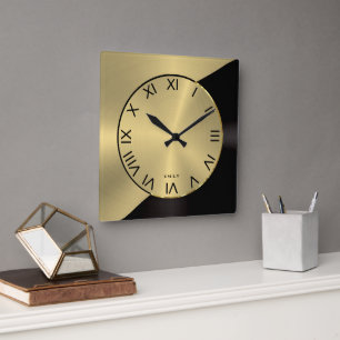 Zwart & Goud Modern Metallic Geometrisch Ontwerp Vierkante Klok