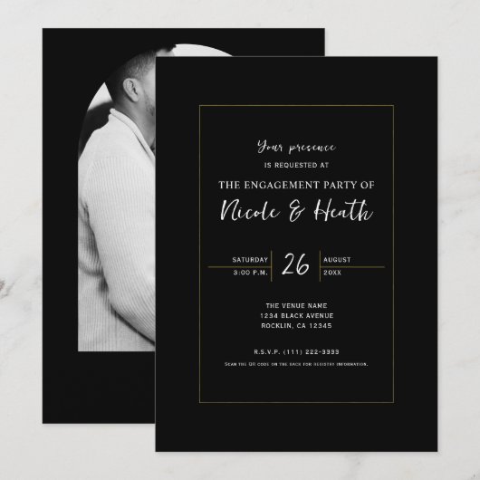 Zwart & Goud Modern Minimaal Elegant Verloving Kaart (Voorkant / Achterkant)