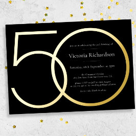 Zwart Goud Modern Minimalist 50e Verjaardag Folie Uitnodiging