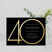Zwart Goud Modern Minimalistisch 40e Verjaardagsfe Folie Uitnodiging (Staand Voorkant)