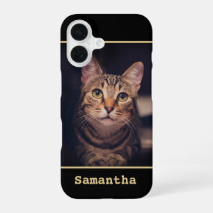 Zwart & Goud Modern Monogram Naam & Foto iPhone 16 Hoesje