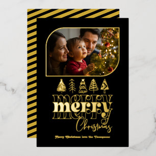 Zwart & Goud Modern Retro Doodle Kerst Foto Folie Feestdagenkaart