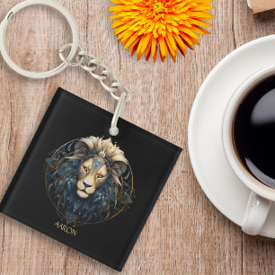 Zwart Goud Modern Script Big Cat Star Sign Leo Sleutelhanger